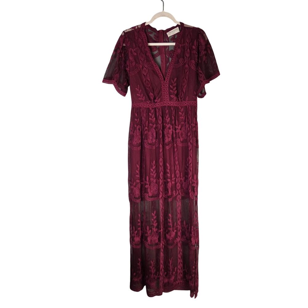 Bella Ella Boutique Womens M Light My Fire Deep V Neck Lace Red Wine Maxi Dress